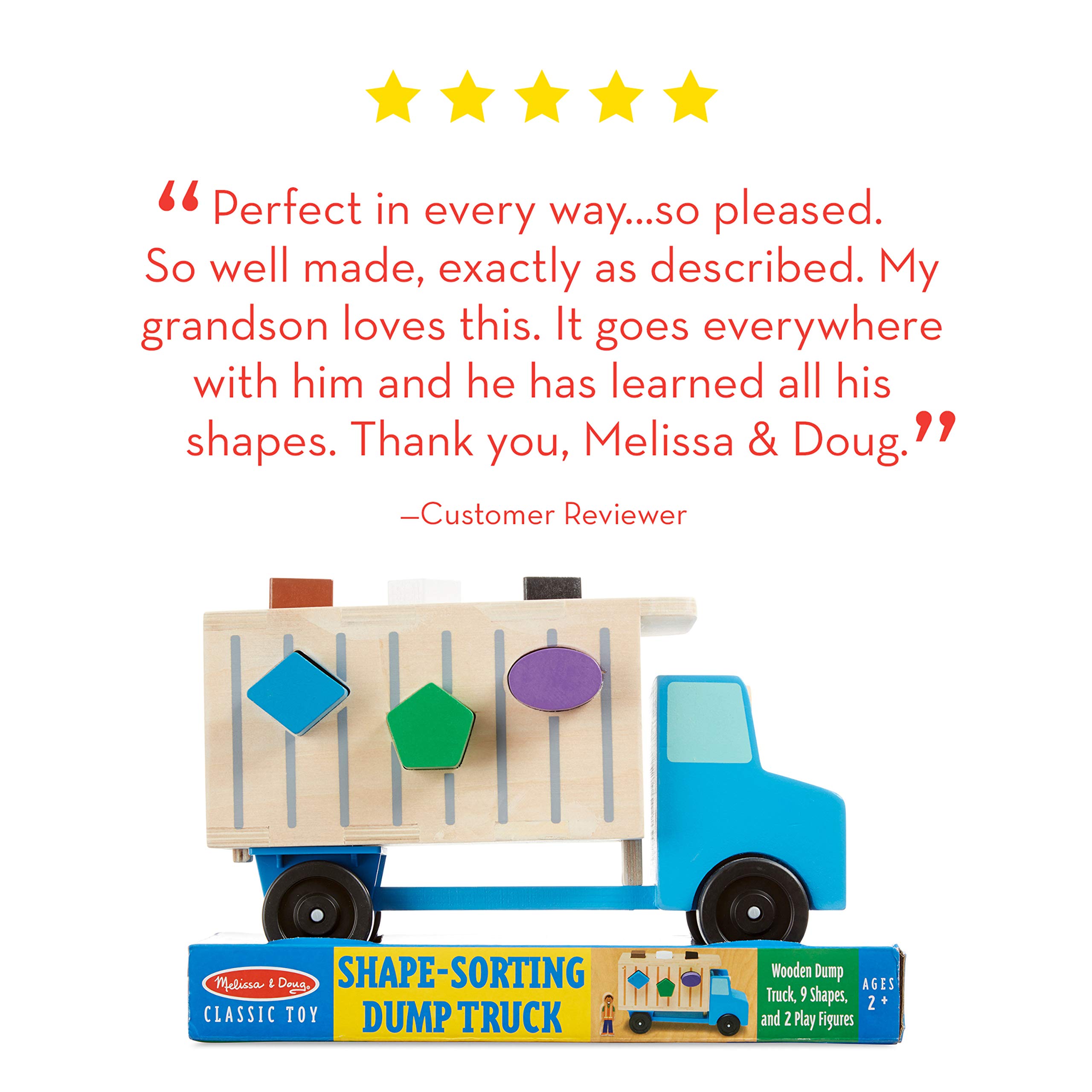 Melissa & Doug Shape-Sorting Wooden Dump Truck Toy with 9 Colorful Shapes and 2 Play Figures Wooden Vehicle Toys, Shape Sorter Toys for Toddlers Ages 2+