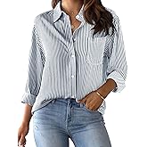 CUNLIN Grade 4 Wrinkle-Resistant Women's Button Down Shirts Striped Long Sleeve Collared Blouses Tops with Pocket
