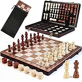 2 in 1 Magnetic Wooden Chess Set & Checkers Board Game, 15’’ Folding Chess Board with Pieces Storage Slots, 2 Extra Queens, Portable Travel Chess Set for Kids Adults Beginner Age 3+