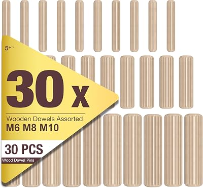 5Plus 30-Piece Dowels Set M6 M8 M10 Hardwood Grooved Fluted Pins