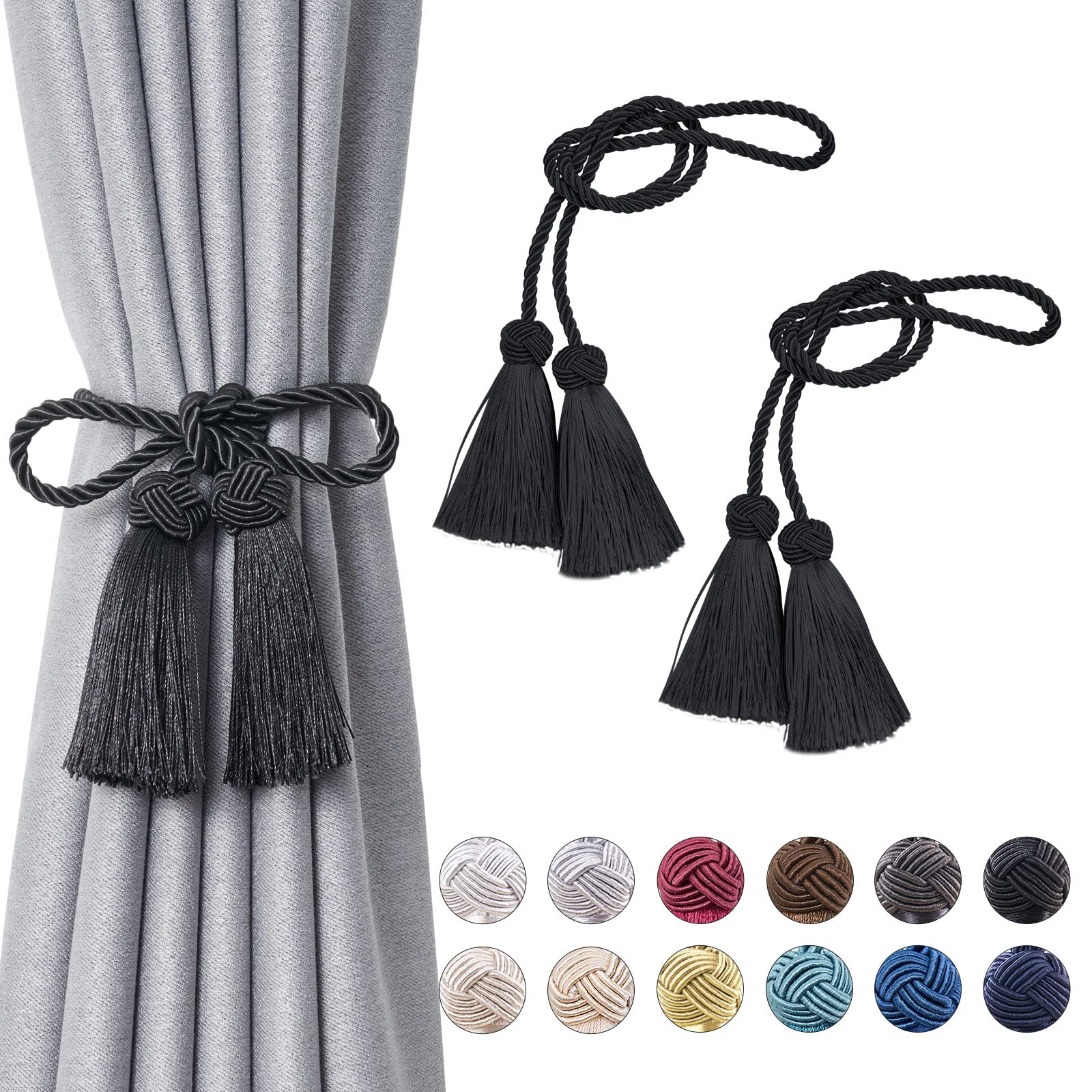 Pretty Jolly 2 Pack Double-ended Tassel Curtain Tiebacks Handmade Braided Rope Knot Drape Tie Backs European Style Decorative Curtain Holdbacks for Home & Office Window Drapery (Black) โ image 1