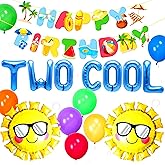 JeVenis Two Cool Beach Party Birthday Decoration - Blue, Green, Yellow, Red Beach Cartoon Balloons & Banner - 2nd Birthday Party Pack
