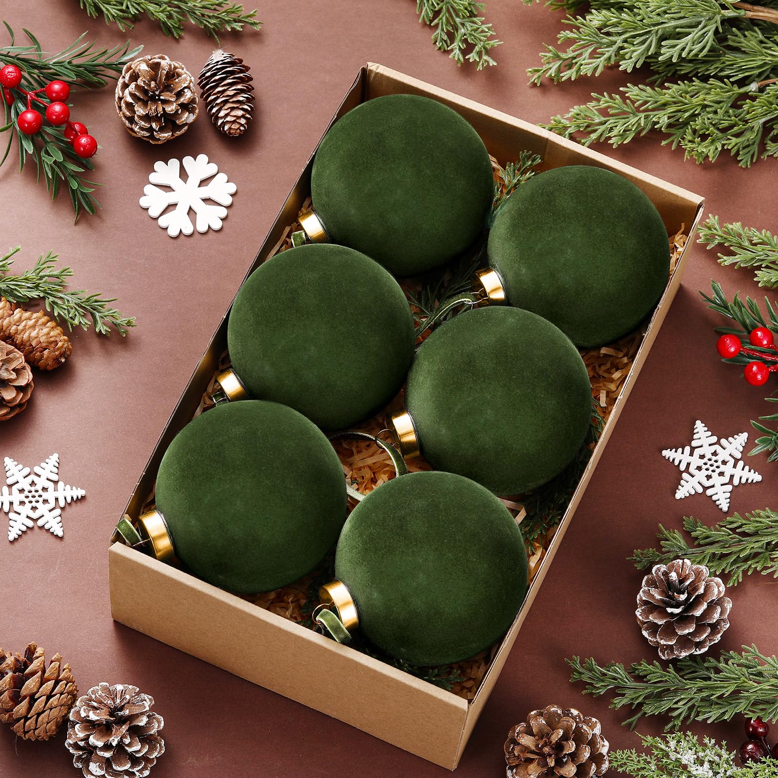 Photo 1 of PullCrease 6 Pcs Large Velvet Christmas Ball Ornaments 3.9'' Vintage Neutral Christmas Ornaments Hanging Flocked Tree Decorations for Holiday Party Xmas (Dark Green)