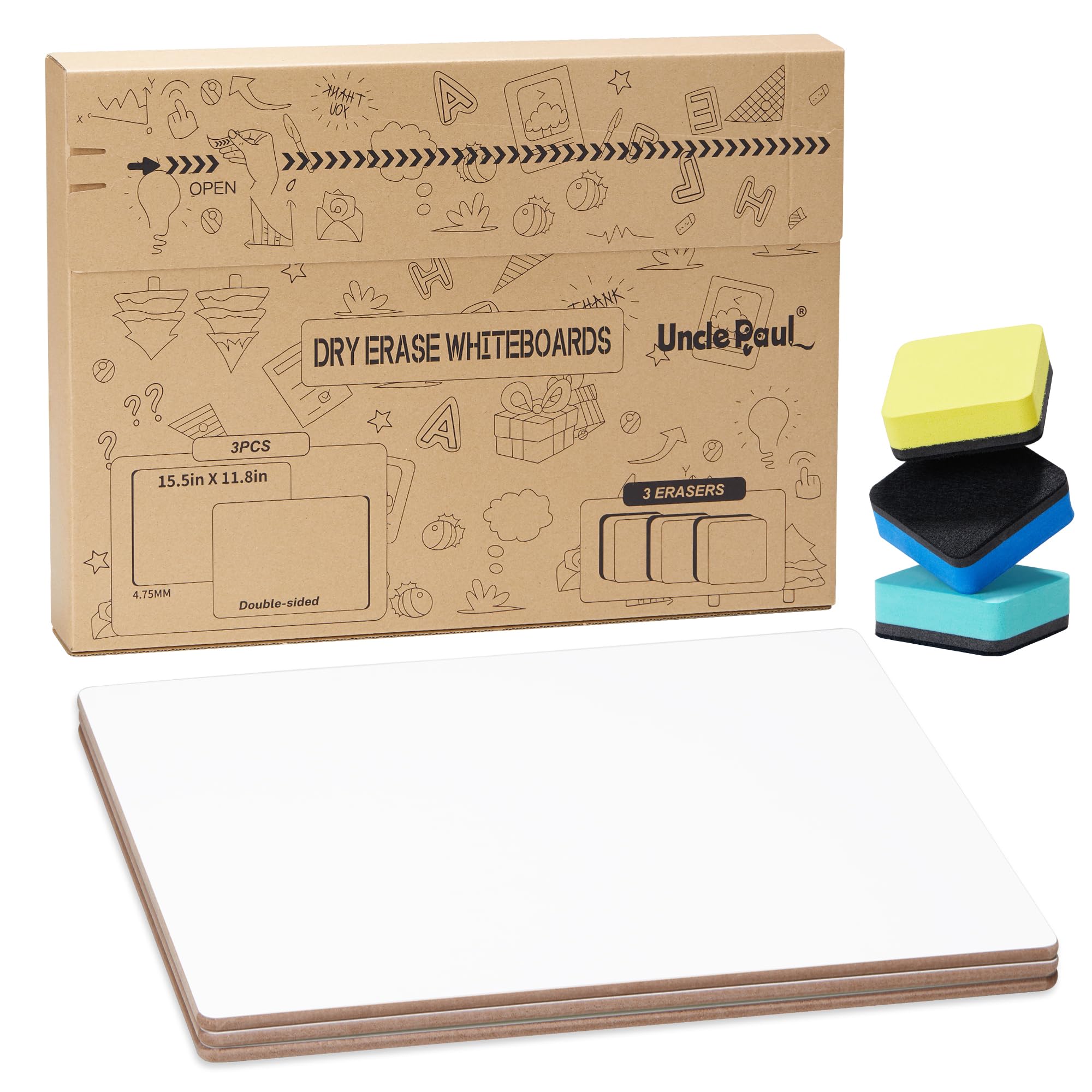 3 Pack A3 Dry Erase White Boards - 16.5"X11.8" Double-Sided Mini Whiteboards Portable 42×30cm Writing Borads with Erasers for Kids, Students, Teacher, Classroom, Home, Office CP05A303