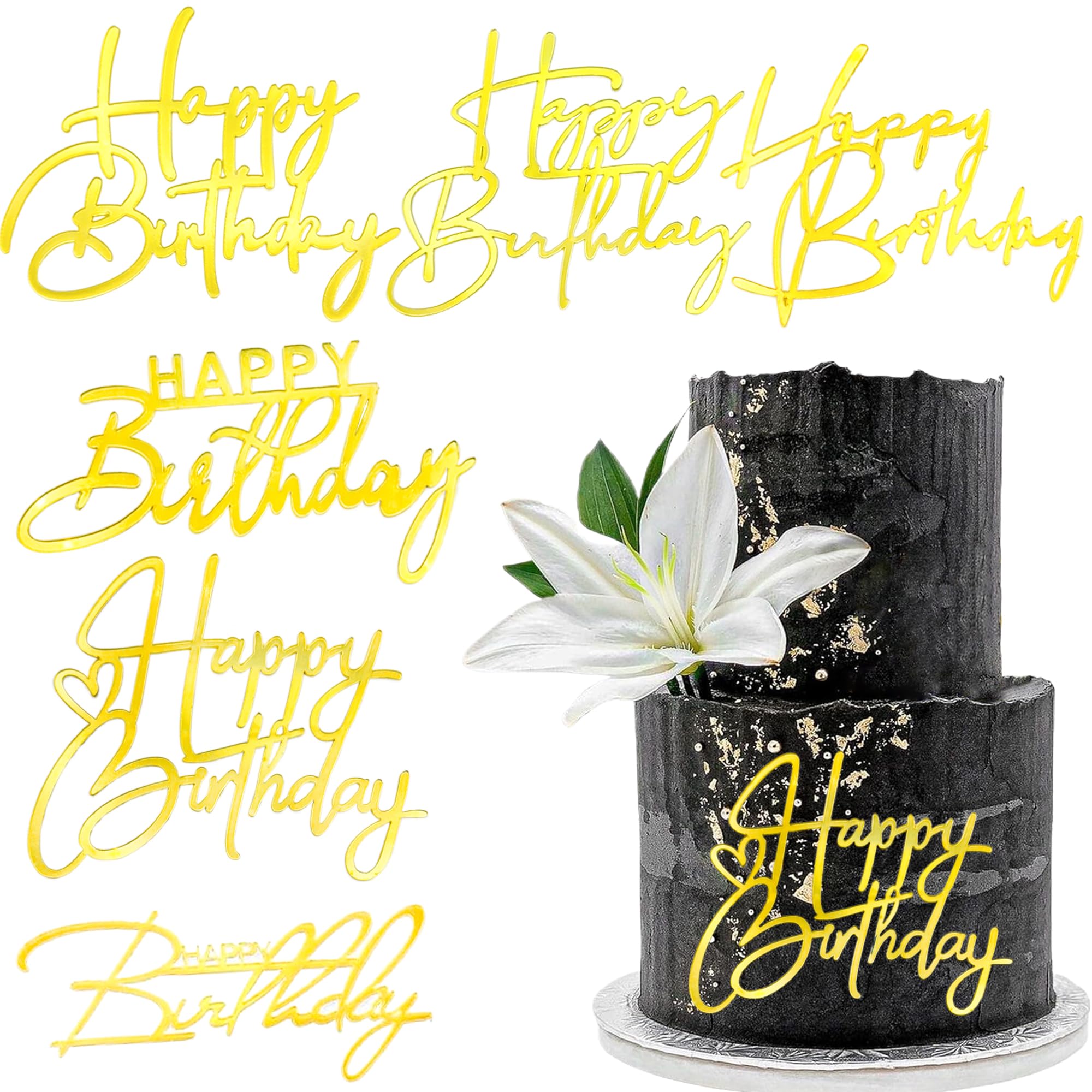 Photo 1 of 6 Pcs Happy Birthday Cake Topper, Gold Acrylic Cake Toppers Mirror Glitter Cake Topper Suitable for Adult or Children Birthday Party Decorations (Style 1)