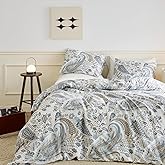 SUSYBAO Boho Paisley Duvet Cover Queen 100% Cotton 3 Pcs Set 1 Blue Bohemian Floral Duvet Cover with Zipper Ties 2 Pillowcases Classical Brown Flower Bedding Set Soft