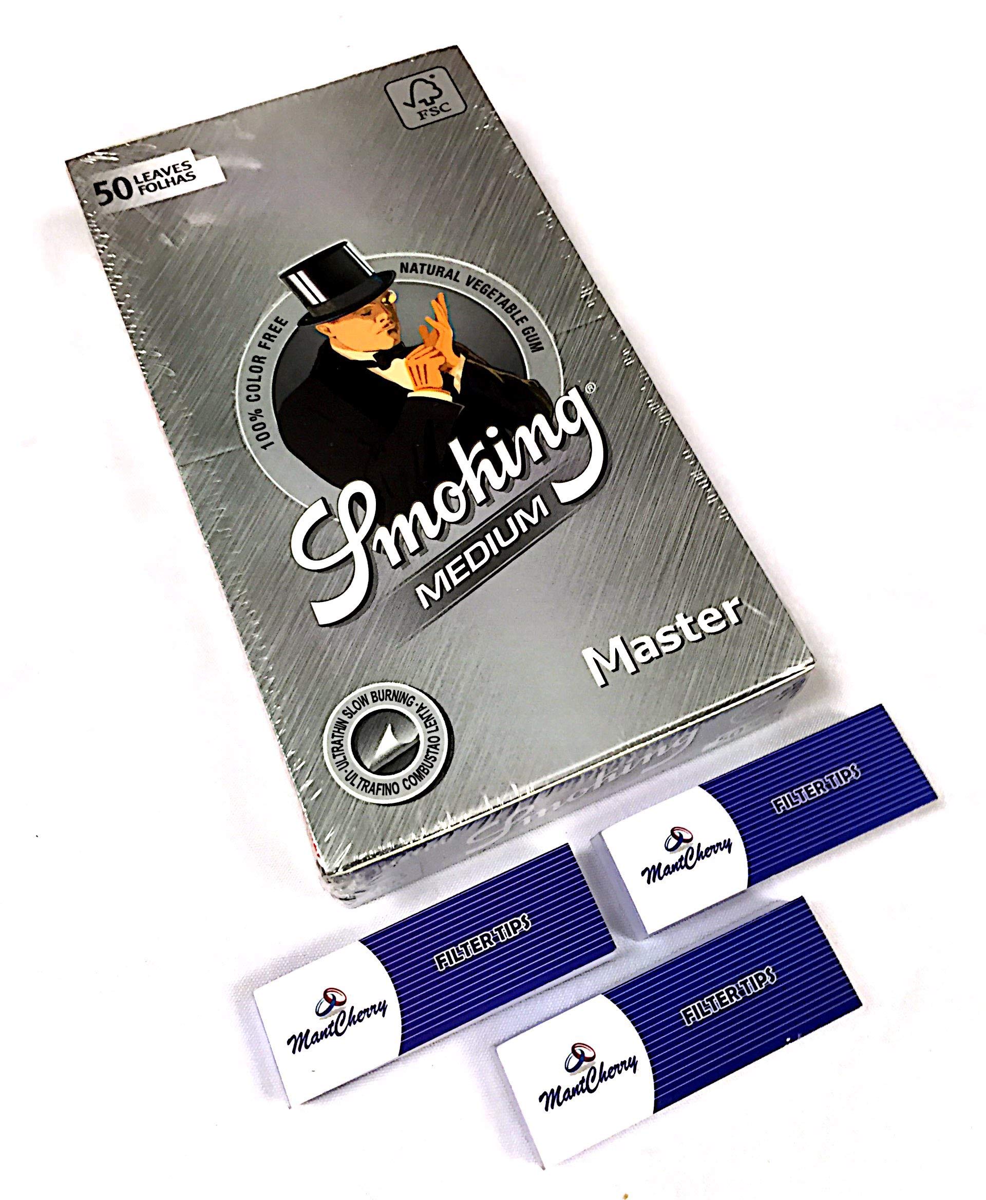 MontCherryBrand 2 Tips and Smoking Silver Master 1-1/4 Medium Size Rolling Papers 25 Booklets Combo by Trendz