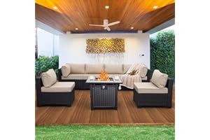 Valita 7 Piece Outdoor PE Wicker Furniture Set, Patio Black Rattan Sectional Sofa Couch with Washable Khaki Cushions,Adjustable Gas Fire Pit