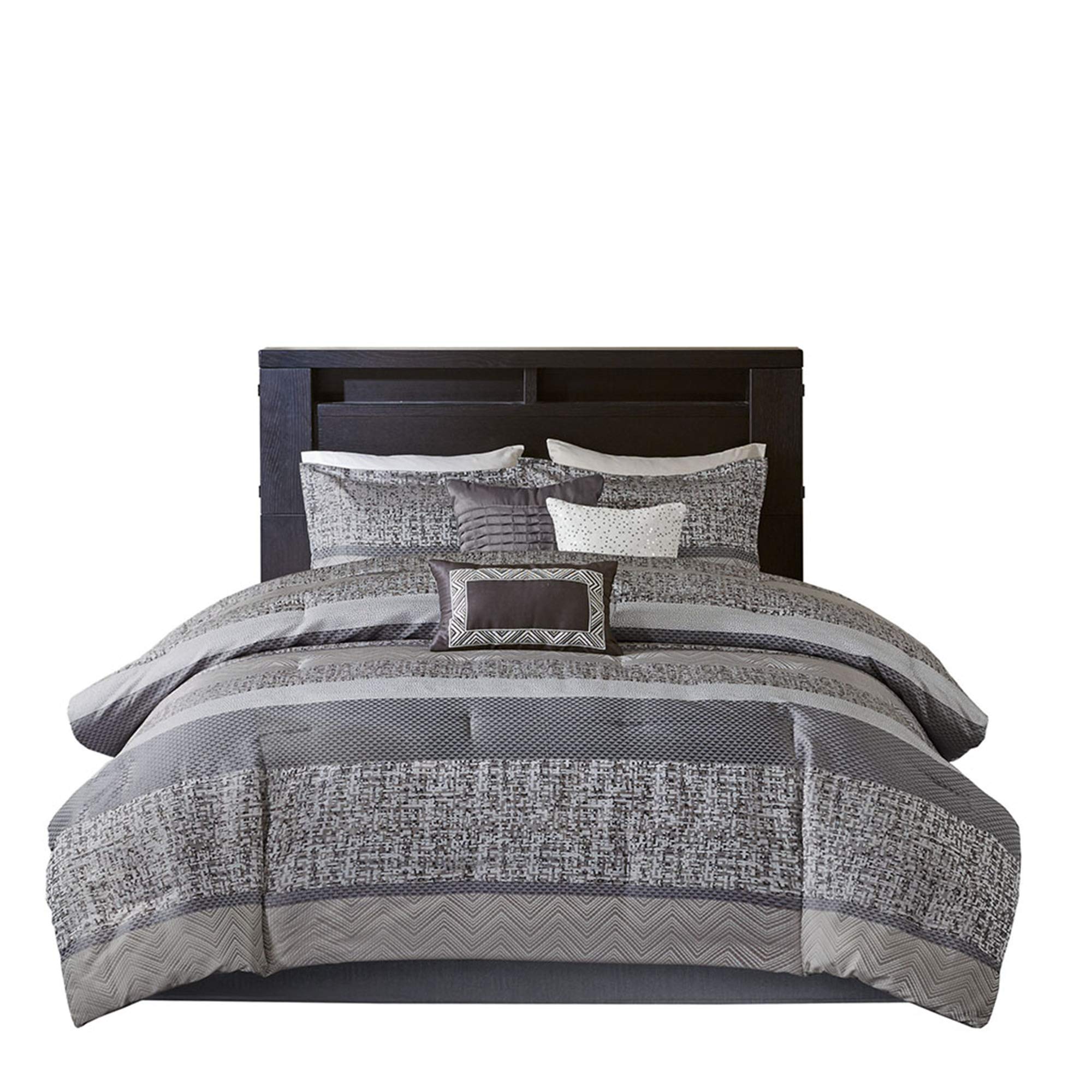 Madison Park Luxury Comforter Set-Traditional Jacquard Design All Season Down Alternative Bedding, Matching Bedskirt, Decorative Pillows, King(104"x92"), Grey/Taupe 7 Piece