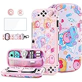 HYPERCASE 8 in 1 Cute Anime Switch OLED Accessories Bundle, with Pink Switch OLED Carrying Travel Case, Hard PC Protective Cover Skin, HD Screen Protector, Shoulder Strap & 2 Kawaii Thump Caps