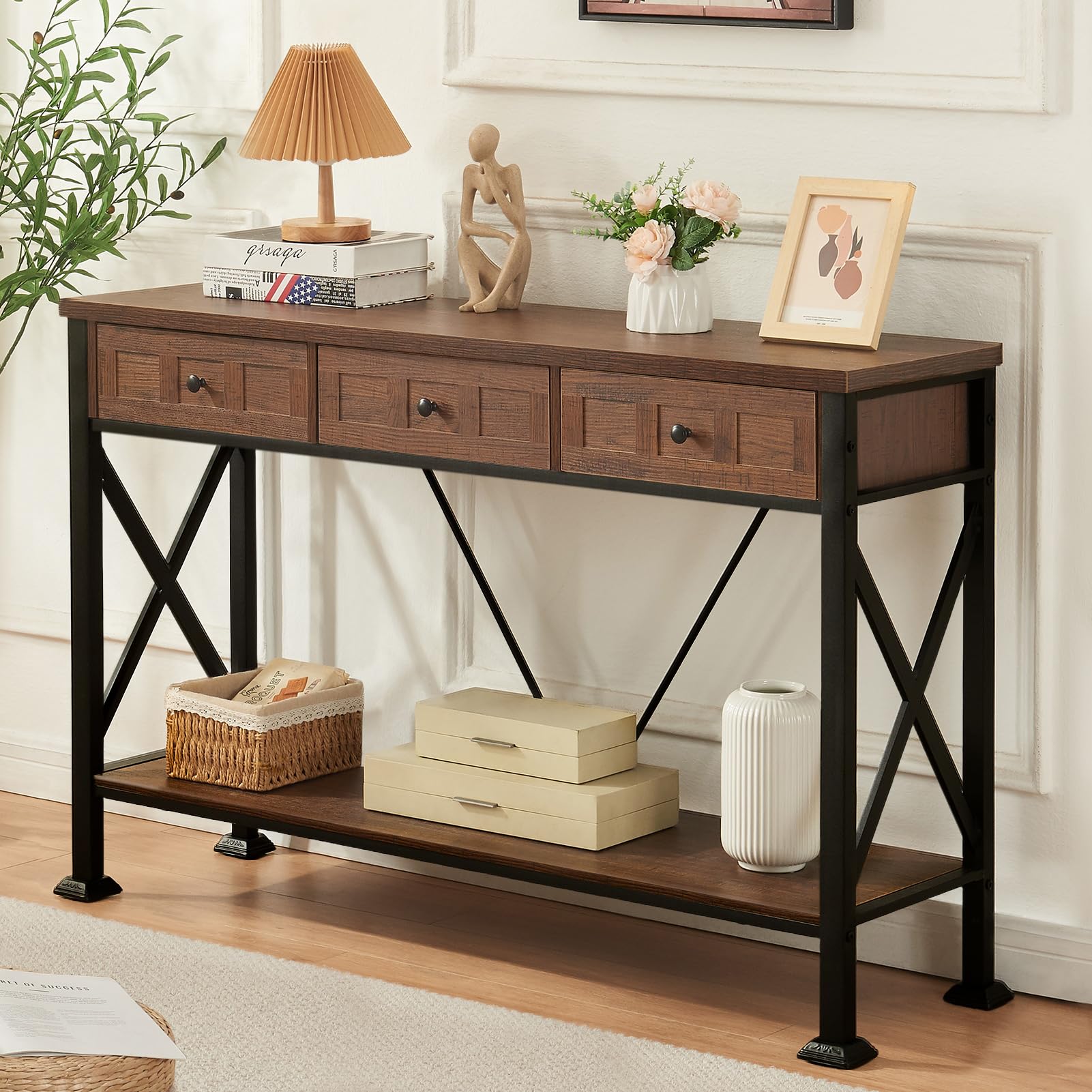 Photo 1 of HOMISSUE Entryway Table, Rustic Console Table with 3 Drawers for Entry, Industrial Entryway Console Tables with Wide Storage Shelves, Sofa for Living Room, Hallway, Brown, 47 Inch