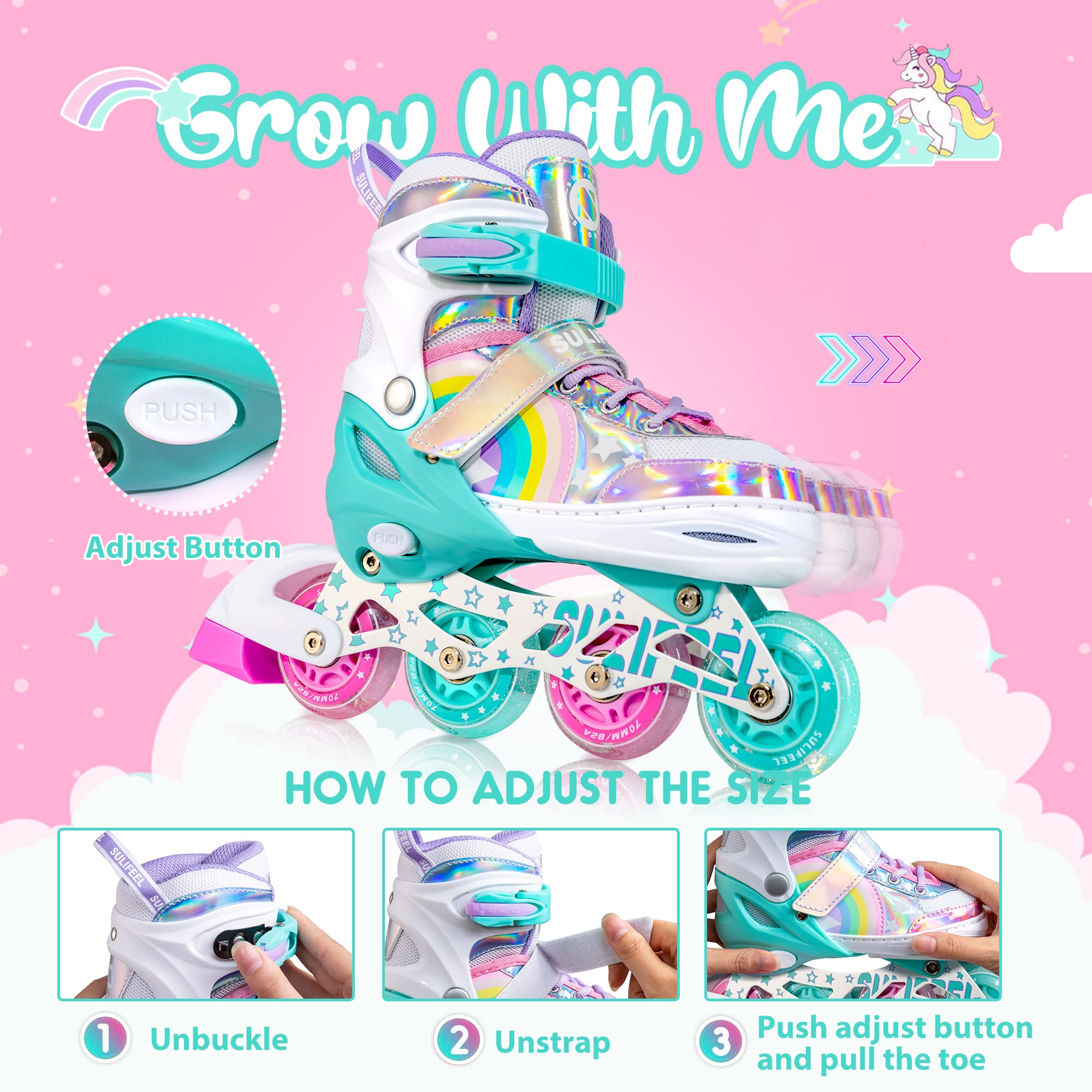 SULIFEEL Rainbow Unicorn Inline Skates for Girls Boys 4 Size Adjustable Light up Wheels Skates for Kids Beginner