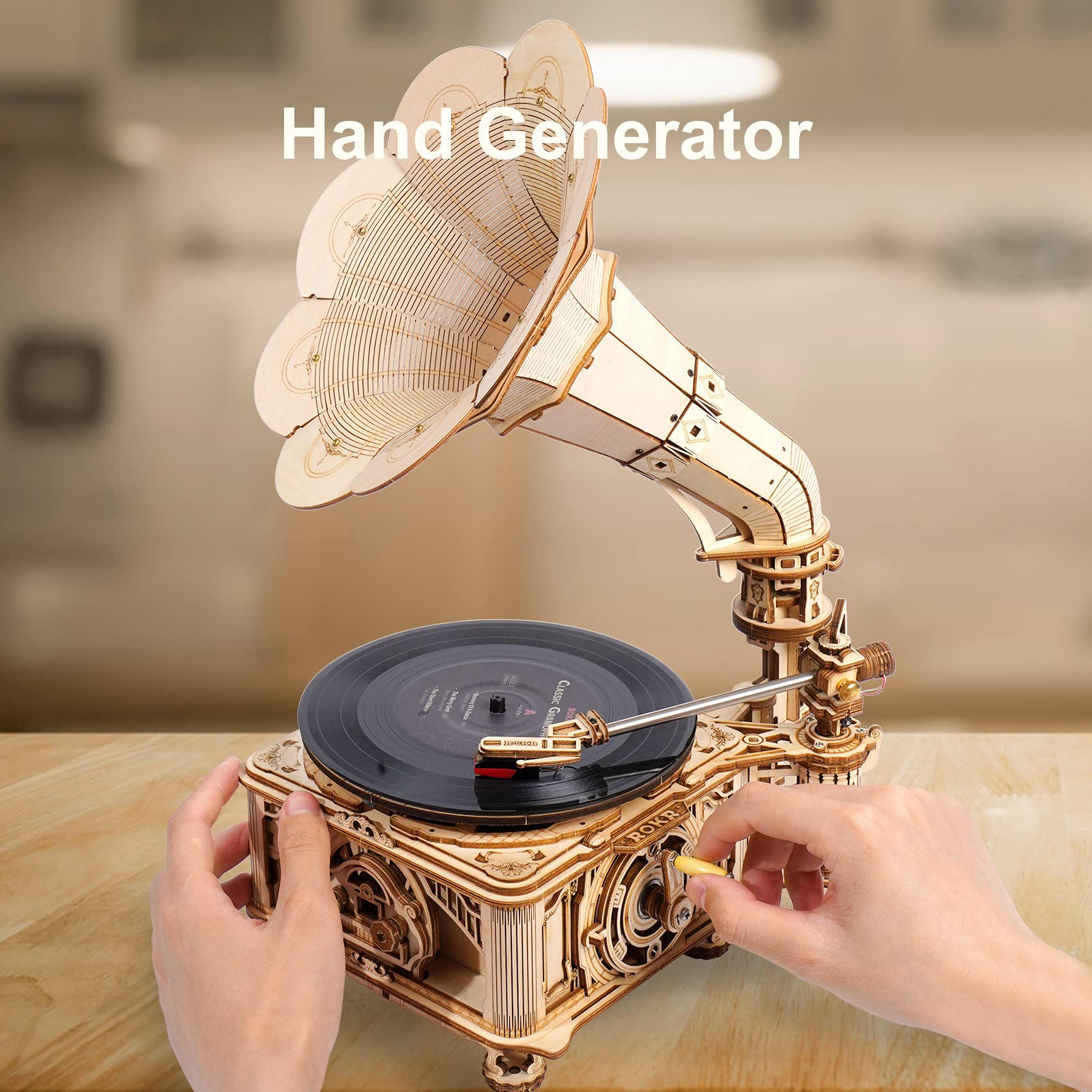 ROKR 3D Wooden Puzzles Gramophone for Adults - DIY Mechanical Model Kit 1:1 Replica Record Player Support 7
