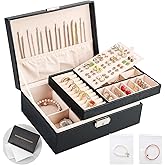 Sanikeon Jewelry Boxes for Women Girls 2 Layers leather Jewelry Organizer Case with Lock Storage Box Removable Tray for Necklace Earring Ring with Polishing Cloth and Jewelry Bags
