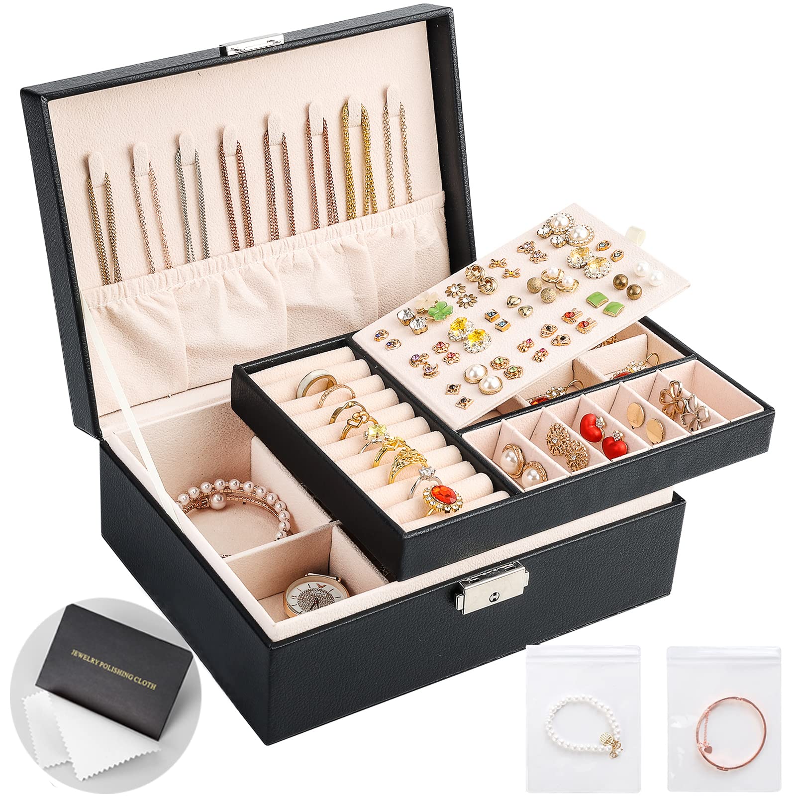 Photo 1 of Sanikeon Jewelry Boxes for Women Girls 2 Layers leather Jewelry Organizer Case with Lock Storage Box Removable Tray for Necklace Earring Ring with Polishing Cloth and Jewelry Bags