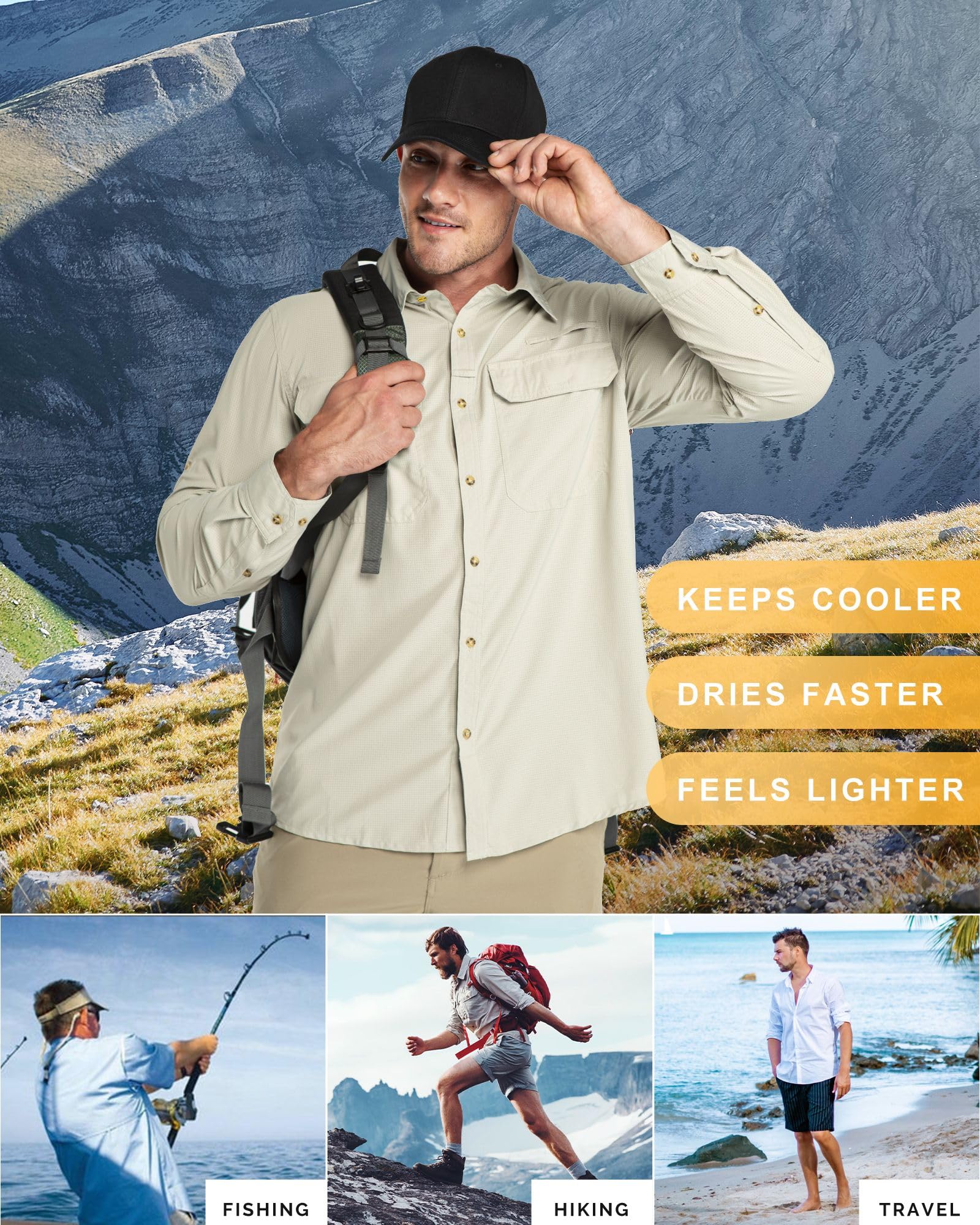 33,000ft Herren Sportshemd Langarmhemd Atmungsaktives Funktionshemd Schnelltrocknende Shirt Outdoorhemd für Männer Frühling Sommer Herbst Wandern Angeln Shirts Khak L 2