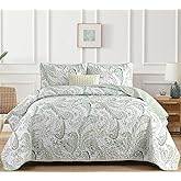WONGS BEDDING Boho Quilt Set King,Green Paisley Floral Pattern Bedspread Coverlet Set with 2 Pillowcases,3 Piece Lightweight Microfiber Bohemian Quilt Bedding Set 104"×90"