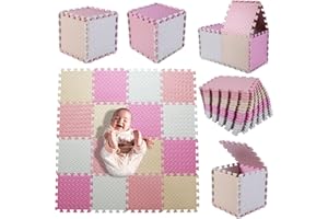 Coolcandy Foam Play Mat(16 Pcs/Set), Multi-Colored Play Mat for Baby, EVA Non-Toxic Interlocking Foam Puzzle Floor Mats, 0.4" Thick Square Kids Playmat for 47*47" Playpen(White/Beige/Pink/Lori Pink)