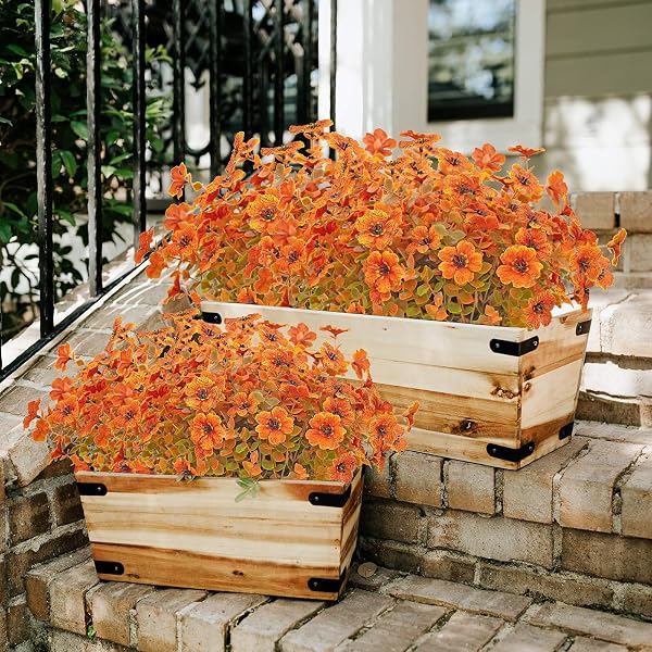 DRT DERUITAI 8 BUNDLES ARTIFICIAL FALL FLOWERS OUTDOOR,UV-RESISTANT FAKE FALL FLOWERS NO FADE OUTDOOR PLASTIC FAUX FLOWER PLANTS FOR OUTSIDE HOME DECOR(ORANGE GREEN)