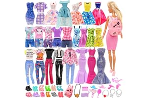 BARWA Lot 36 Items 3 Fashion Dresses 3 Casual Tops and Pants Outfits 6 Pcs Mini Dresses with 1 Bags 10 Shoes, 13 Accessories for 11.5 Inch Girl Doll Birthday Xmas