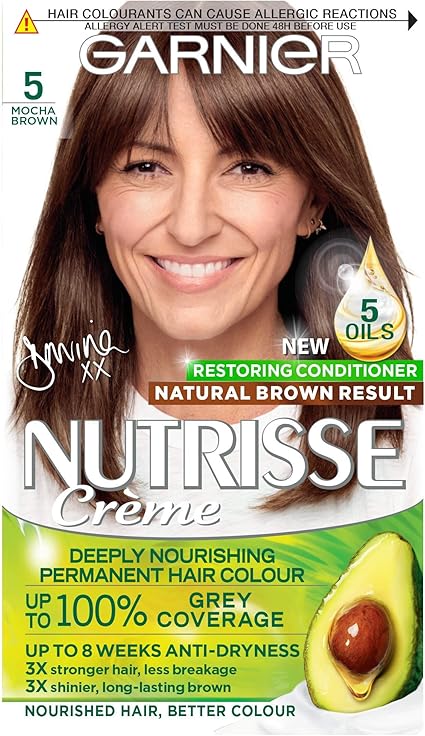 Garnier Nutrisse Brown Hair Dye Permanent Up To 100 Percent Grey Hair Coverage With New 5 Oils Conditioner 5 0 Mocha Brown Davina Mccall S New Shade Amazon Co Uk Beauty
