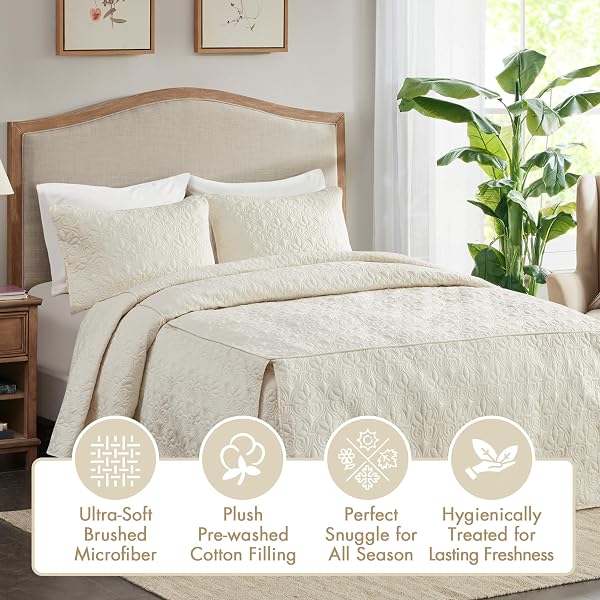 MADISON PARK QUEBEC SPLIT CORNER QUILTED BEDSPREAD CLASSIC TRADITIONAL DESIGN ALL SEASON, LIGHTWEIGHT, BEDDING SET, MATCHING SHAMS, QUEEN, DAMASK QUILTED CREAM 3 PIECE