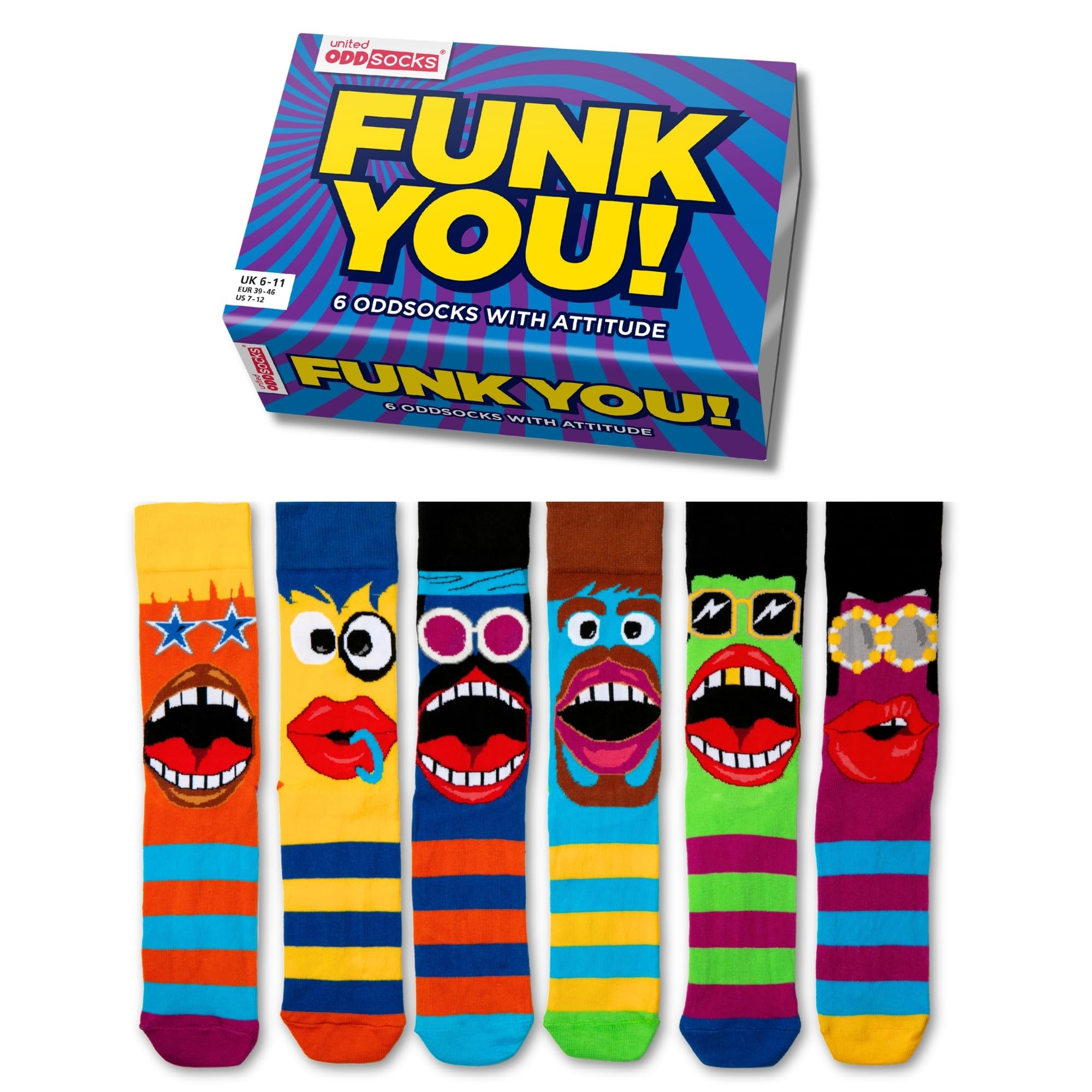 United Oddsocks Funk You Men's Odd Socks Gift Box – 6 Colourful Mismatched Funky Striped Socks with Faces – UK 6–11, EUR 39–46, US 7–12 – Funny Birthday, Bold Novelty Socks for Men, Friends & Family