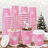FULJOOY 100 Pcs 12 Oz Pink Christmas Coffee Cups with Lids Snowflake Winter Wonderland Disposable Cups Insulated Paper Cups Togo Cups for Hot Chocolate Water Tea Xmas Holiday Birthday Party Supplies