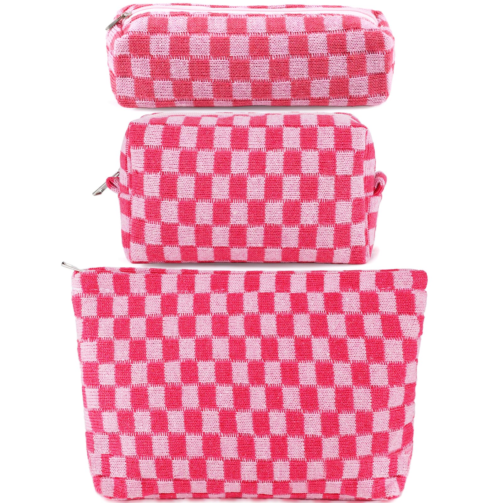 Photo 1 of *ONLY 2* ZLFSRQ 2Pcs Checkered Makeup Bag for Women Large Small Checkered Cosmetic Bag Set Cute Aesthetic Pink Makeup Pouch for Purse Travel Toiletry Bags Preppy Pencil Bags Zipper Skincare Storage Organizer