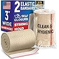 Premium Elastic Bandage Wrap - 3” (2pk) - Strong Compression - Self-Closing Reusable Bandages for Legs and Arms - Wrist, Elbow, Foot, Knee Wrap
