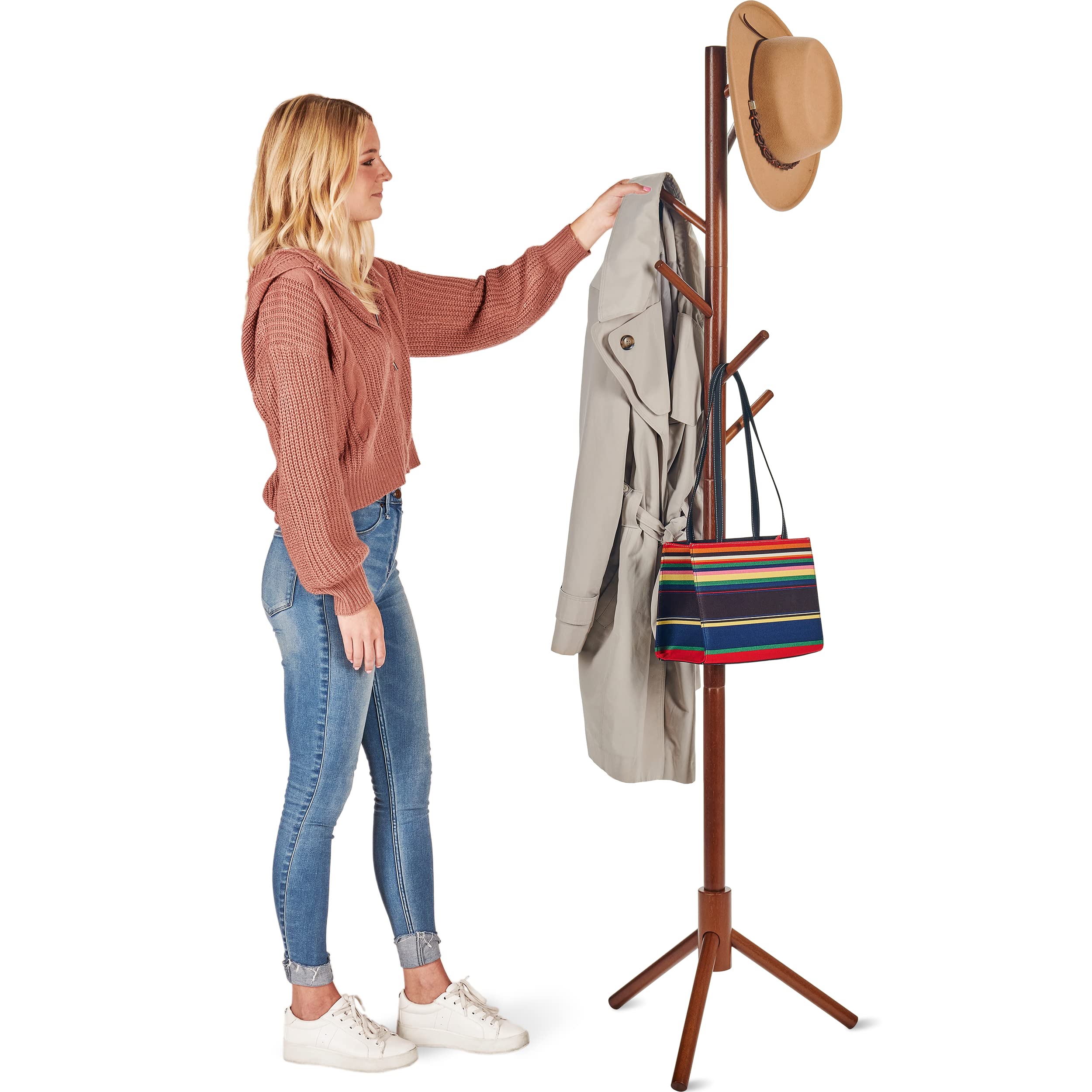High-Grade Wooden Tree Coat Rack Stand, 6 Hooks - Super Easy Assembly NO Tools Required - 3 Adjustable Sizes Free Standing Coat Stand, Hallway Coat Hanger Hat Stand, for Handbag, Clothes & Accessories