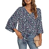 VIISHOW Women's Button V Neck Chiffon Tops 3/4 Bell Sleeve Tie Knot Casual Blouses Loose Summer Shirts