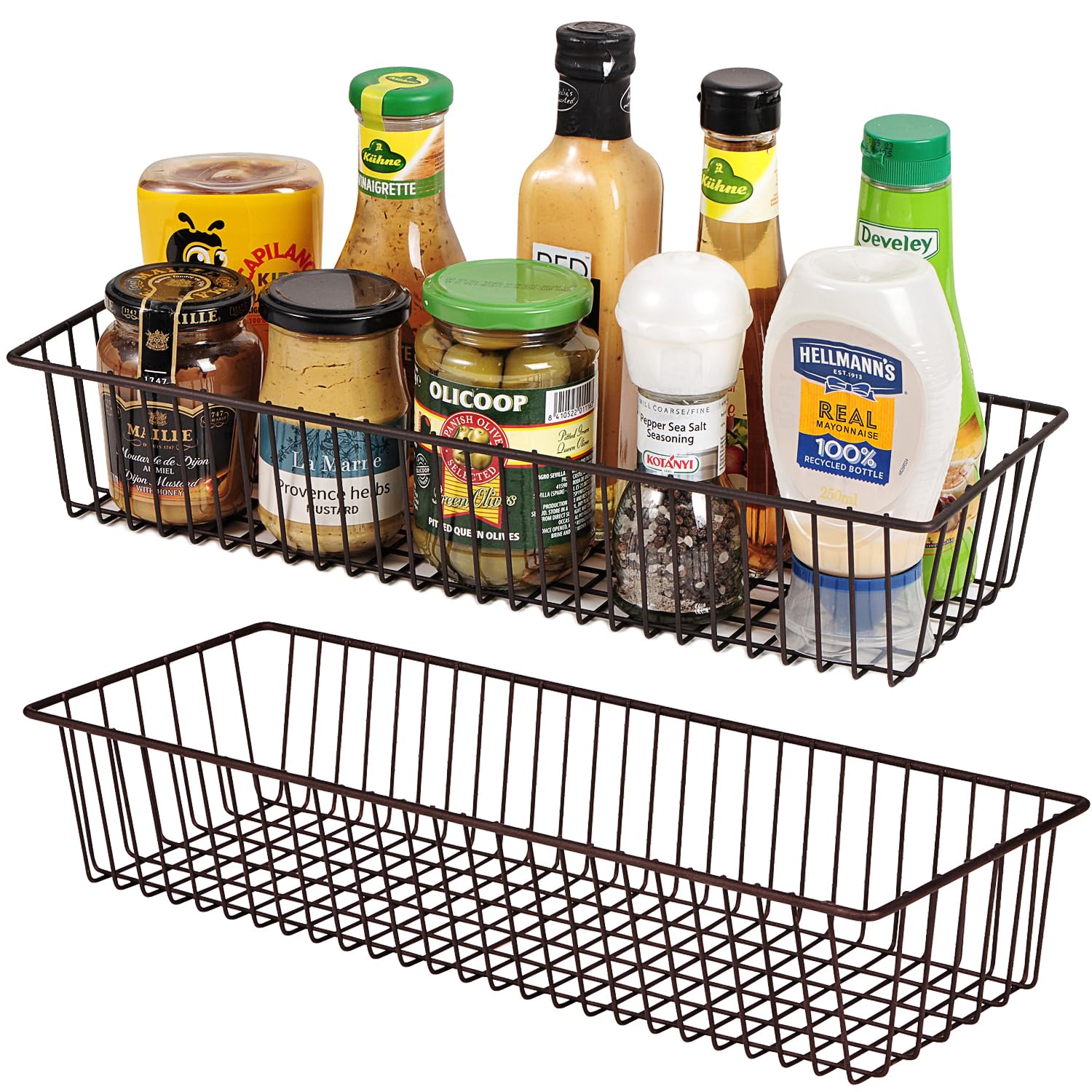 SheeChung Farmhouse Decor Metal Wire Storage Basket (Pack of 2) - Rustic Toilet Paper Holder - Storage Organizer for Bathroom, Kitchen Cabinets, Pantry, Laundry Room, Closets, Garage (Bronze)