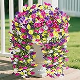 Serwalin Artificial Hanging Flowers for Outdoors UV Resistant, 4PCS Faux Morning Glory Fake Outdoor Flowers Realistic Silk Flower Plants for Outside Planter Front Door Porch Patio Yard Decor