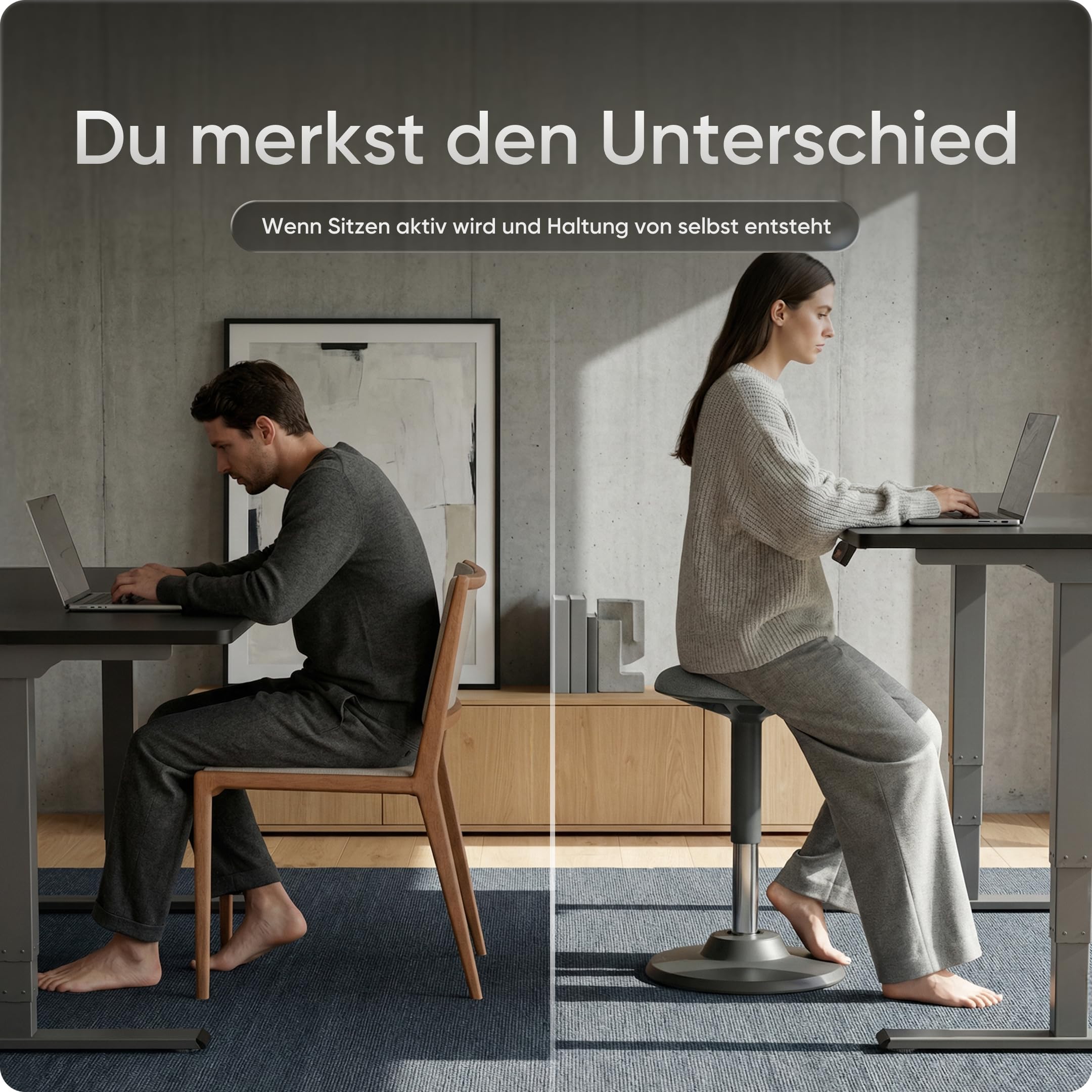 DESKSPACE Motion Sitzhocker - Stehhocker höhenverstellbar, ergonomischer Hocker bis 140kg mit CushCloud-Polsterung, Gasfeder & 3D-Sitzmechanik, Bürohocker ergonomisch, Wackelhocker, Stehstuhl (Grau) 7