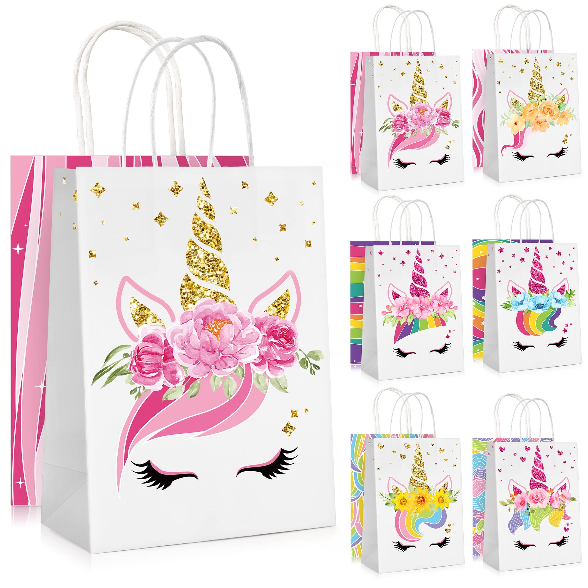 Mocoosy 18 Pack Unicorn Party Bags for Girls - Unicorn Gift Bags Kids Paper Party Bag with Handles for Kids Birthday, Baby Shower - Goodie Loot Treat Bag for Children Baby Unicorn Theme Parties