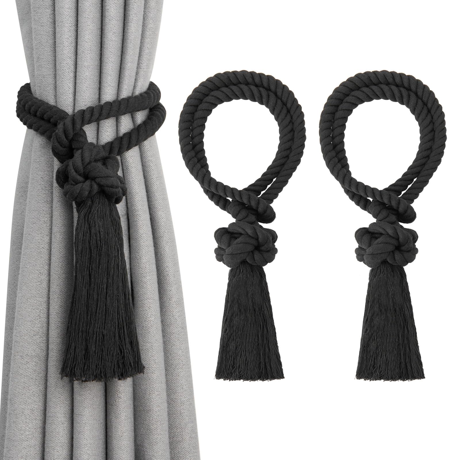 Pretty Jolly 2 Pack Natural Cotton Rope Tassel Curtain Tiebacks Boho Home Decor Drape Tie Backs Hand Woven Ball Curtain Holdbacks for Thin & Thick Home & Office Window Draperies (Black) — image 1
