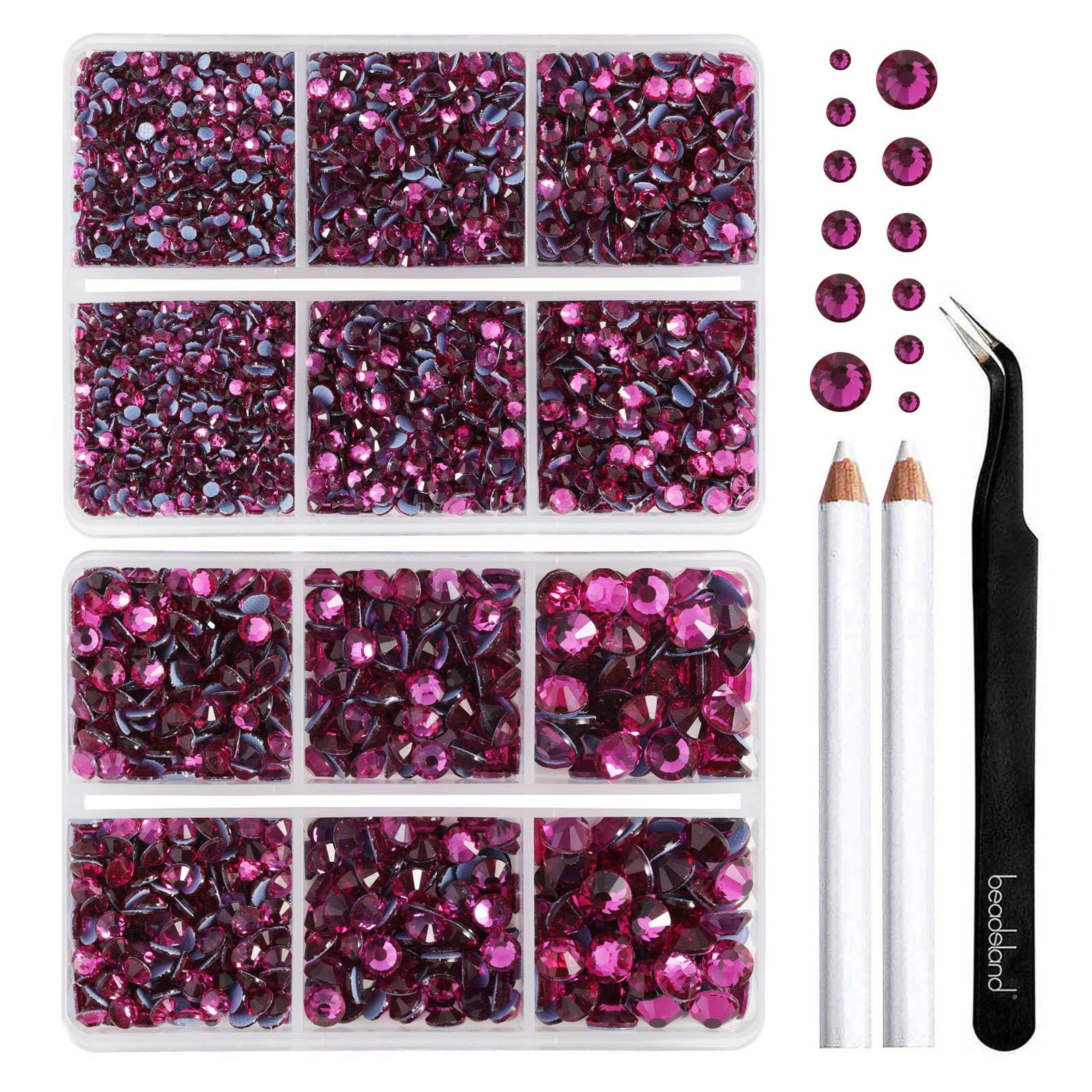 BEADSLAND Hotfix Rhinestones,6080PCS Hot Pink Rhinestones for Clothes Crafts Mixed 6 Sizes with Wax Pencil and Tweezers Kit,SS6-SS30,Fuchsia