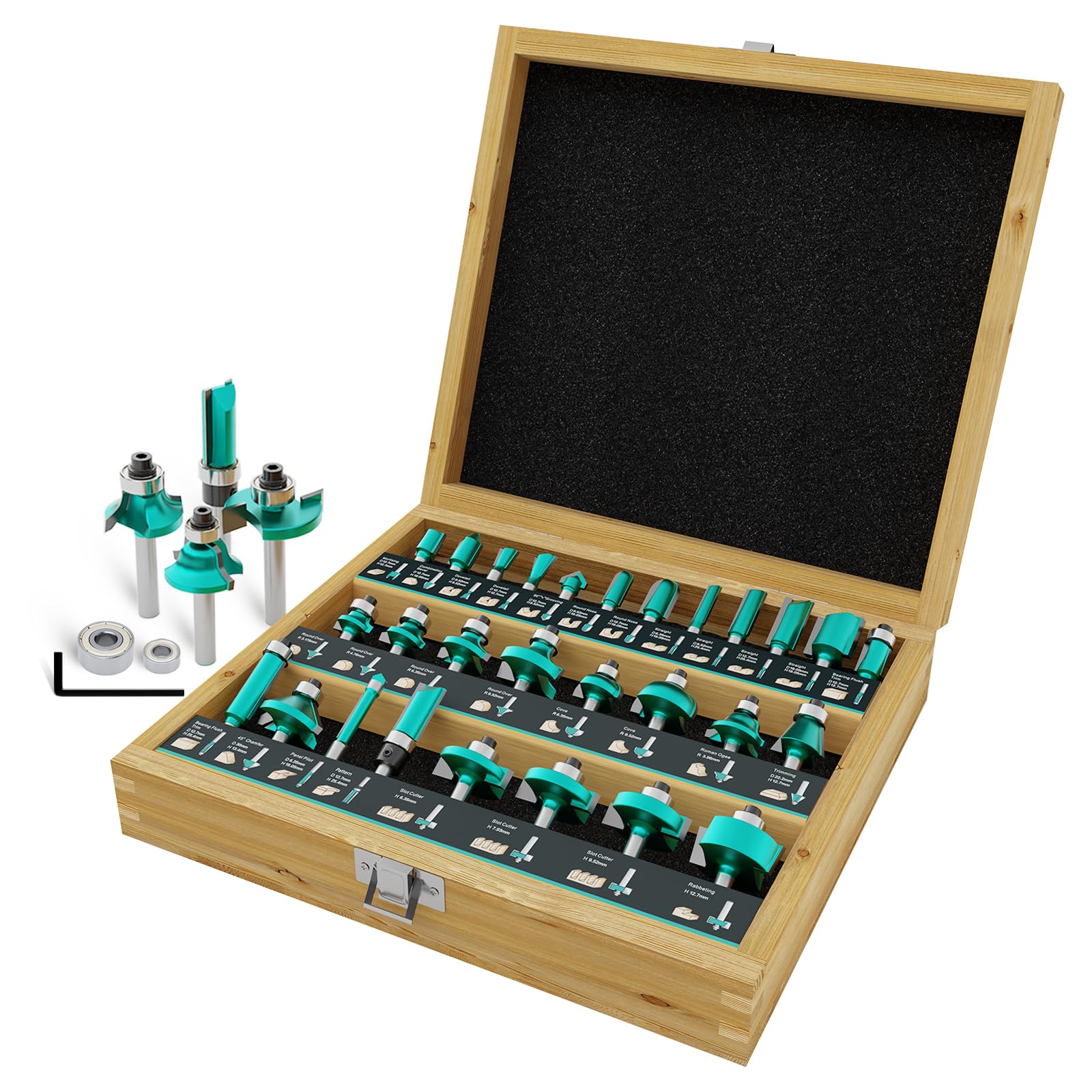 CSOOM 30 Piece Professional Woodworking Router Bit Set with Spare Bearings, Suitable for 8mm Shank, Hard Alloy Blades, Woodworking Tools, Packed in Sturdy Wooden Boxes