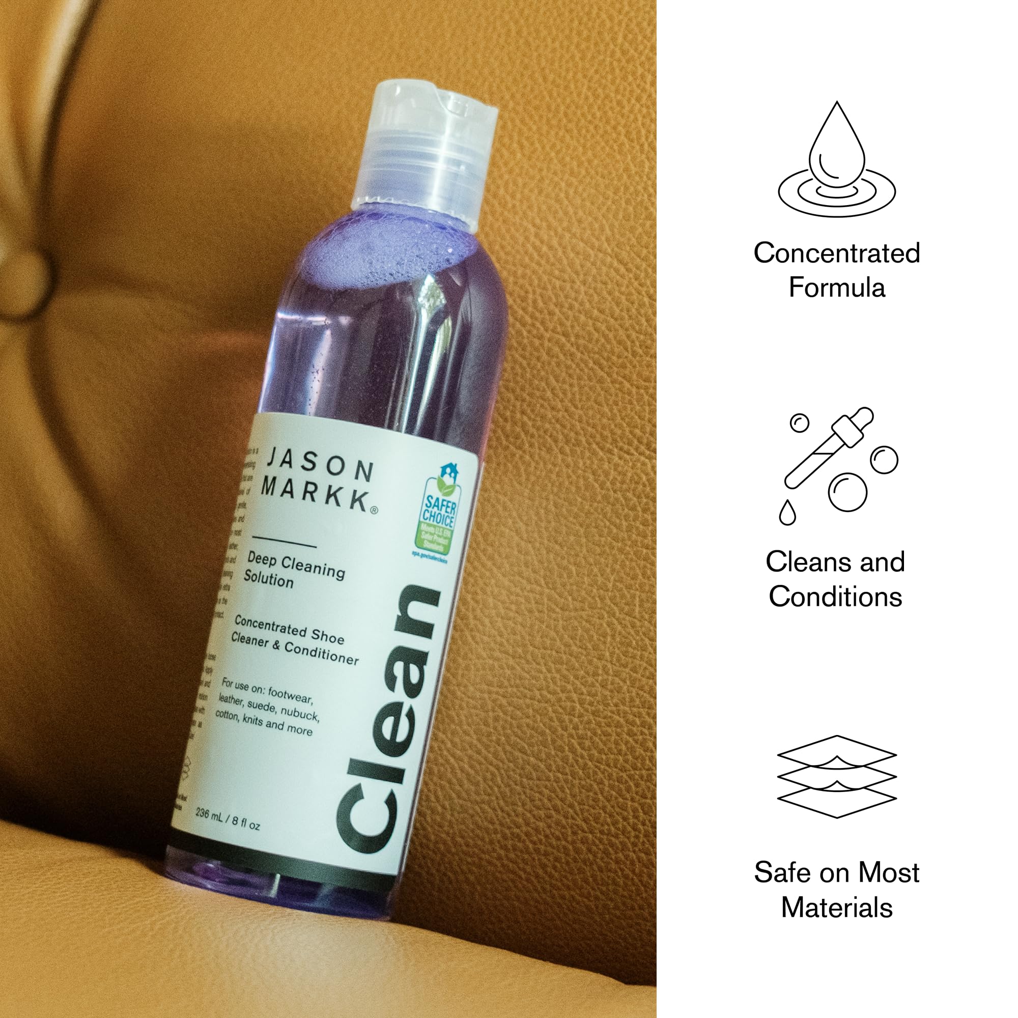 Jason Markk Jason Markk Deep Cleaning Solution, Shoe Cleaner, Cleans & Conditions, Sneaker Care, Ideal for Footwear, Safe for Leather, Suede, Nubuck, Cotton, Knits, 8oz