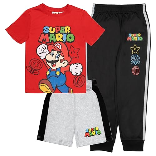 Nintendo Super Mario Bros Boys 3-Piece Pants Set Short Sleeve T-Shirt,  Shorts, and Jogger Pants 3-Pack Bundle Set (Red/Gray/Black, Size 5/6) in