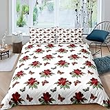 Women Red Floral Printed Bedding Set for Girls Adults Butterflies Print Comforter Cover Decorative Blossom Flowers Duvet Cove