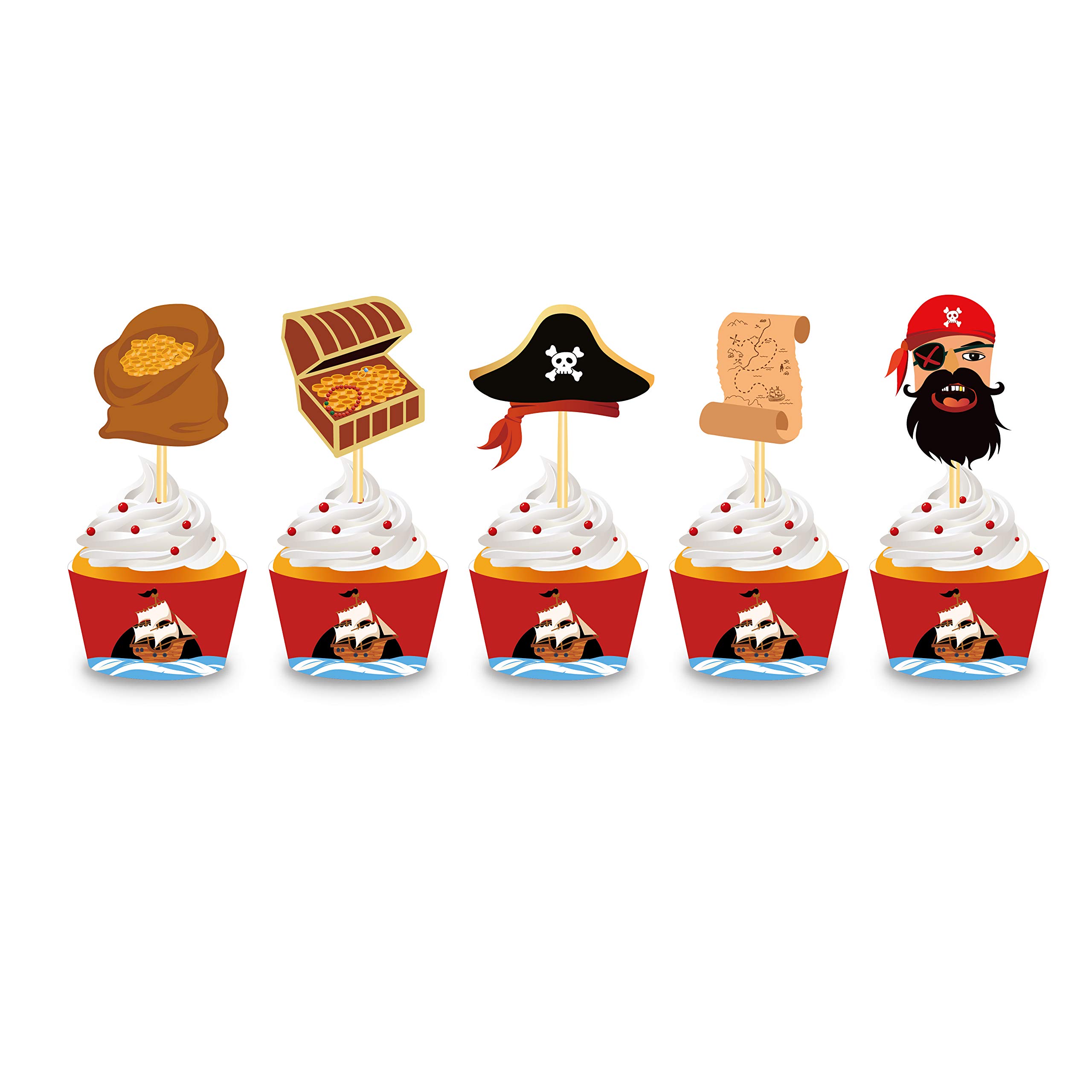 Photo 1 of 40 Sets Pirate Cupcake Wappers and Cupcake Toppers, Cartoon Pirate Cupcake Decoration Cup Holder, Suitable for Birthday Party Decorations