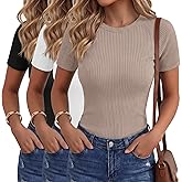 Ficerd 3 Pack Women's Ribbed T-Shirts Short Raglan Sleeve Cotton Tight Basic Tees Crewneck Slim Fit Tops Casual Summer Shirts