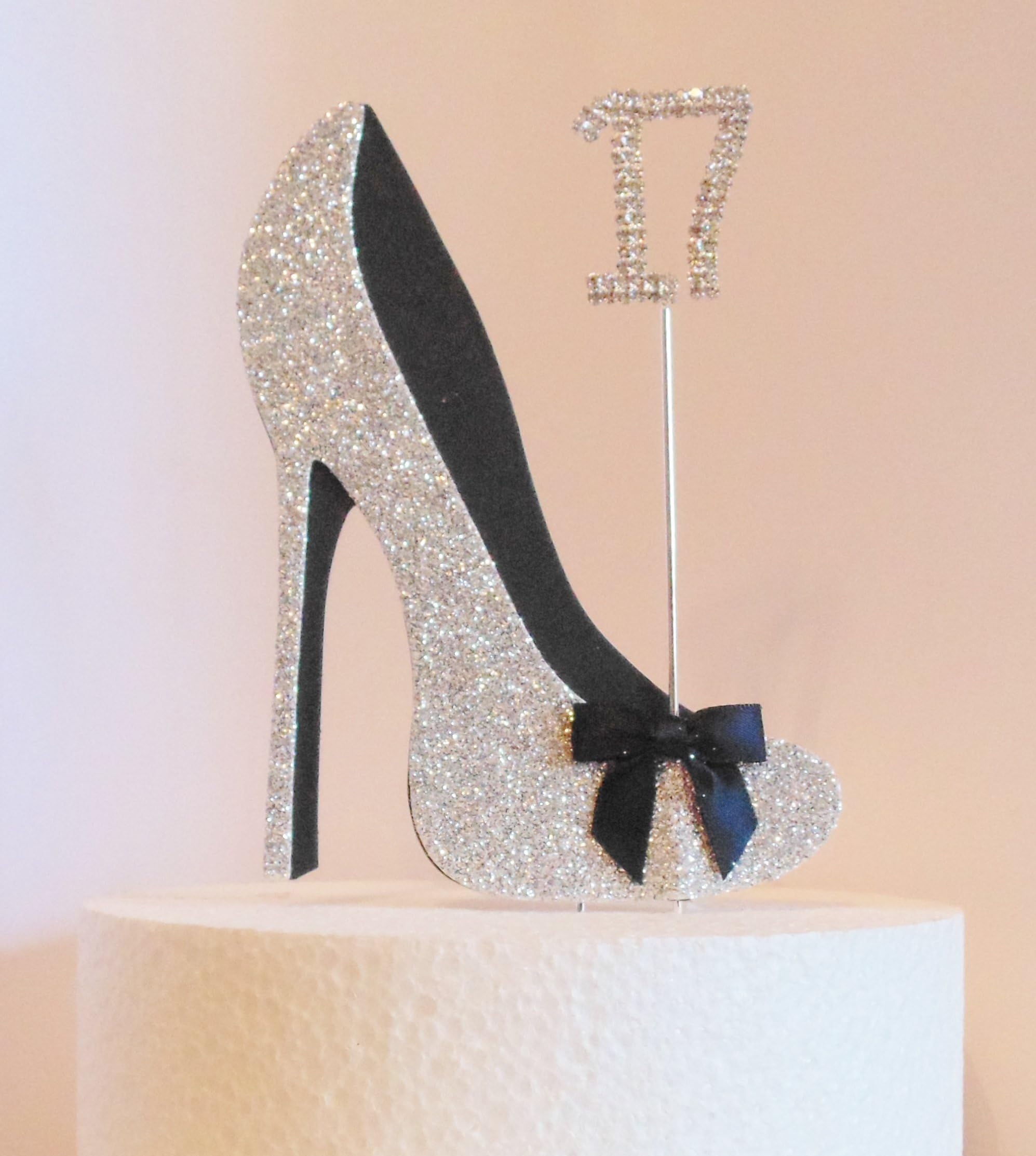 17th Birthday Cake Decoration Silver and Black Shoe with Satin Bow Embellishment and Diamante Number (Non- Edible)