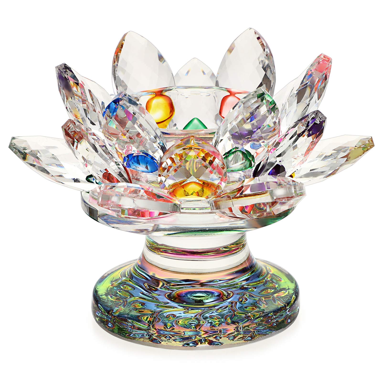 Photo 1 of OwnMy Crystal Lotus Flower Tea light Holder Lotus Petals Candle Holder Stand Candlestick with Glass Base, Votive Flower Tealight Holder with Gift Box for Home Decor Window Sill Wedding Party, Colorful