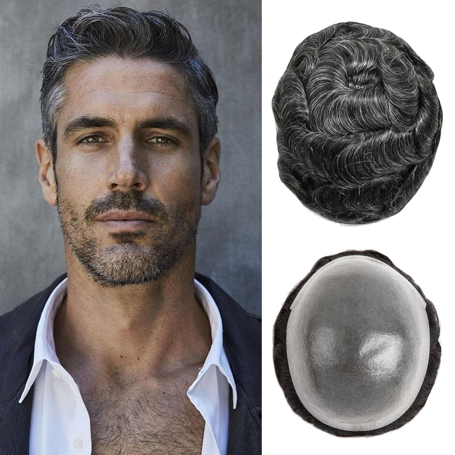 Toupee For Men 0.1mm Poly Skin Human Hair System For Men Men'S Toupee V-Loop Knots Durable Pu Toupee Human Hair Mens Wig Base Size 8X10 Inch 120% Density （#1B30）