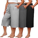Huukeay 3 Pack Women's Plus Size Capri Pants, Wide Leg Drawstring Capris Sweatpants Loose Cropped Yoga Pants with Pockets
