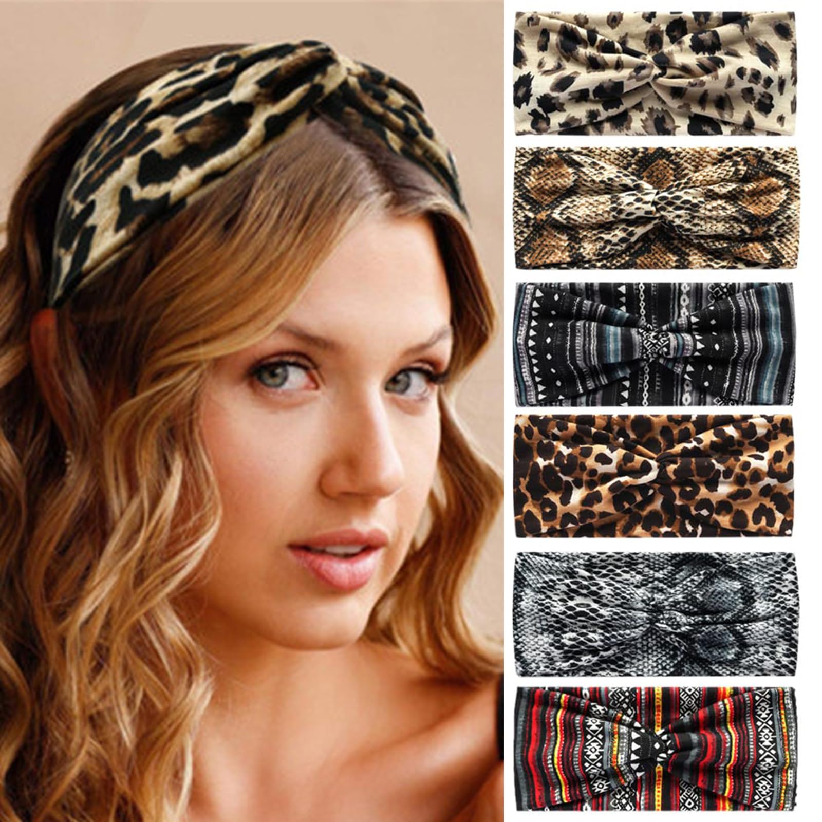 6Pcs Bandana Headbands for Women Wide Wavy Headscarf Boho Head Scarfs Wraps Turban Fabric Elastic Headband Yoga Hairbands Sport Running Headscarves (WideLeopard)