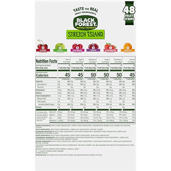 BLACK FOREST, STRETCH ISLAND, FRUIT STRIPS, CHERRY, APPLE, RASPBERRY, GRAPE, STRAWBERRY, AND APRICOT, ZERO GRAMS ADDED SUGAR NON-GMO, 48 CT